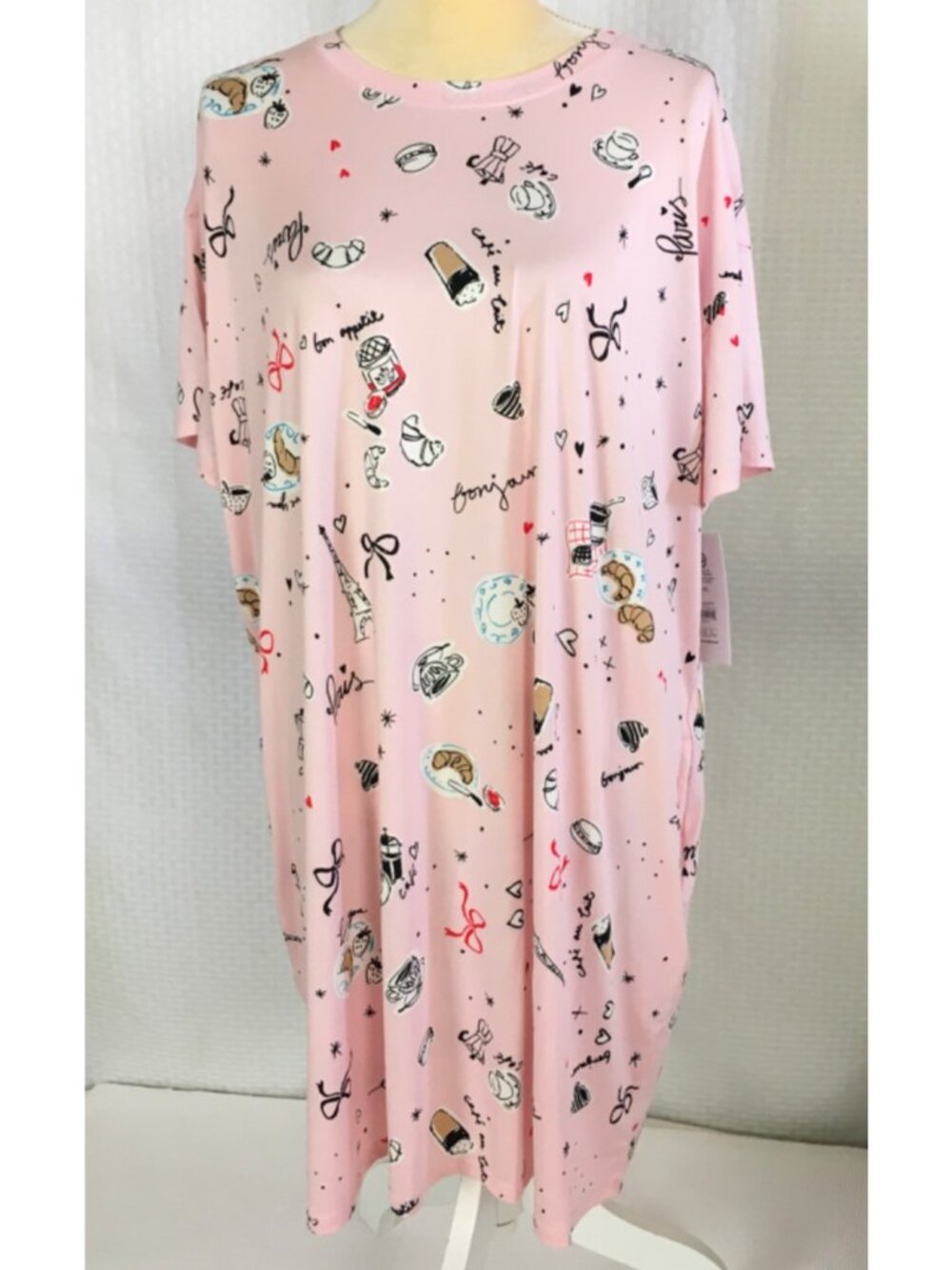 Joyspun Sleep Shirt Size L to XL Pink Paris Coffee Croissants Pockets New w Tag - Picture 5 of 13